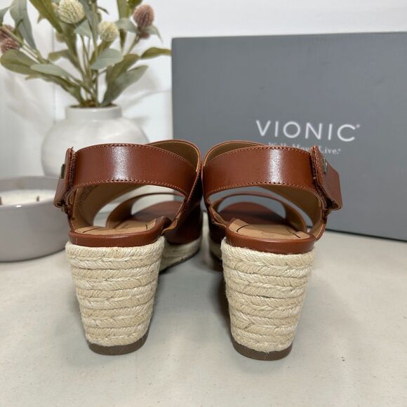 Vionic Tulum Brooke Leather Wedge Espadrille Sandals Cognac Women's US 8 NWB - Picture 5 of 11